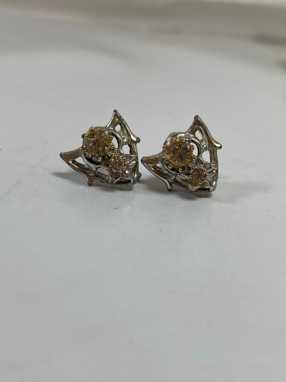 Vintage Silver-Tone Screw-Back Earrings with Yellow Rhinestones